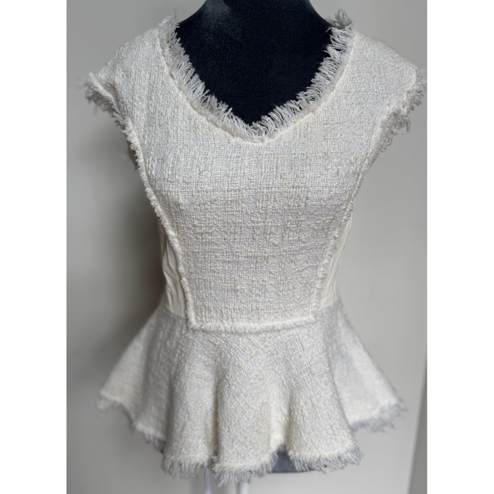 Rebecca Taylor Blouse 4 Tweed Leather‎ Peplum Coquette Old Money Luxury $350 - Picture 2 of 16
